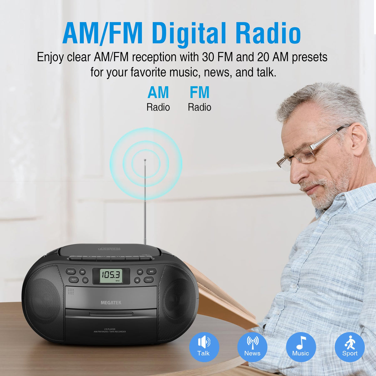 Portable CD Cassette Player Boombox with Bluetooth AM/FM Radio T477292