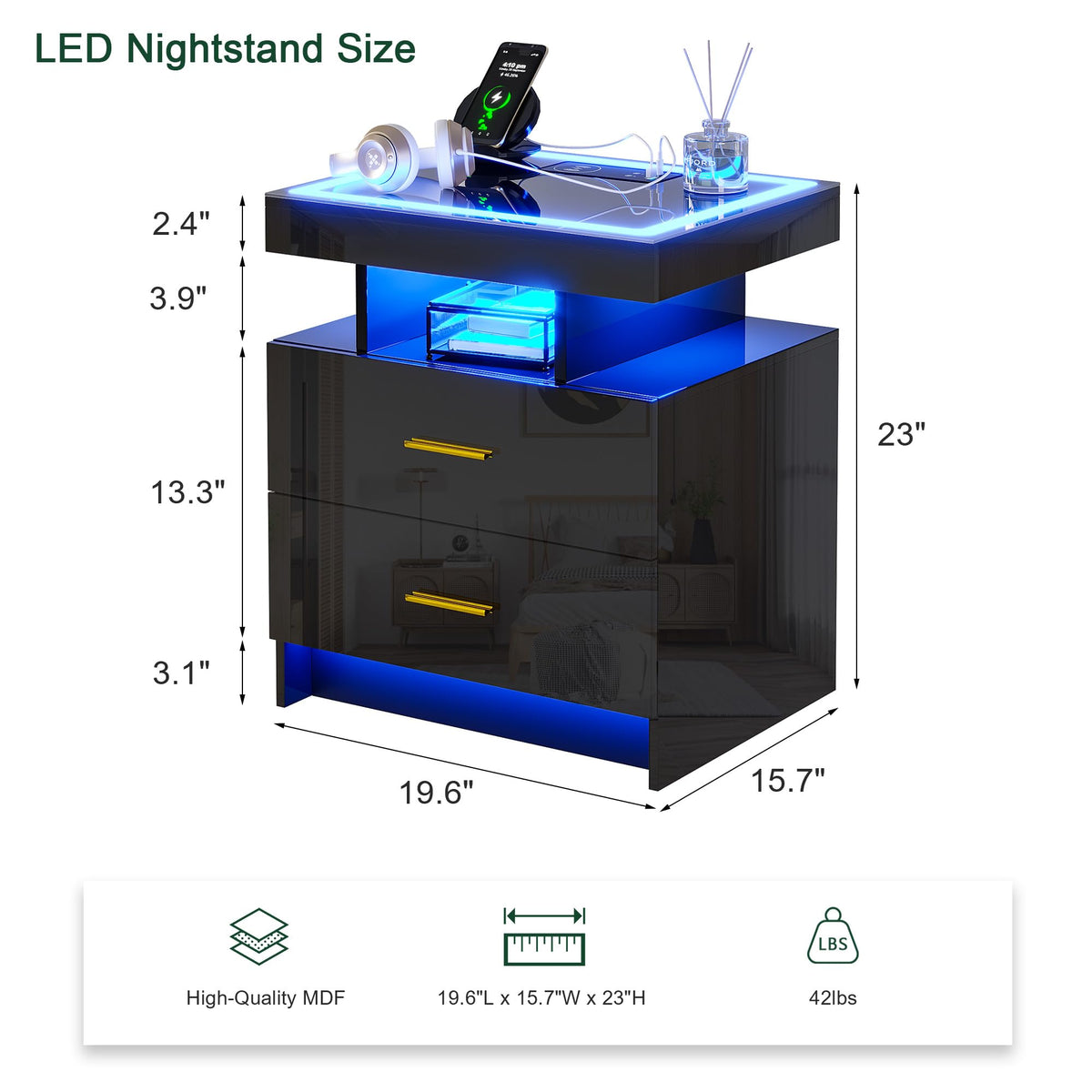 Black High Gloss Nightstand with Charging Station and 2 Drawers H37743
