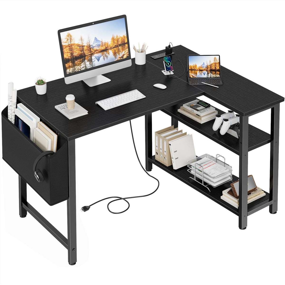 Black 40 Inch L Shaped Corner Computer Desk with Power Outlet Z79042