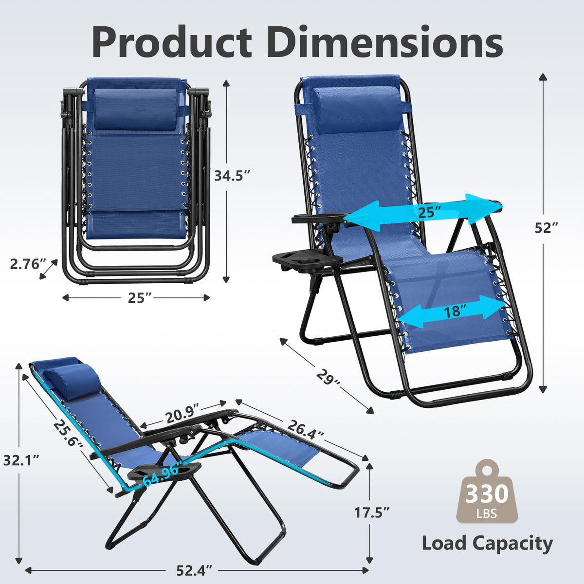 Blue Set of 2 Zero Gravity Lounge Chair with Pillow & Cup Holder M962680