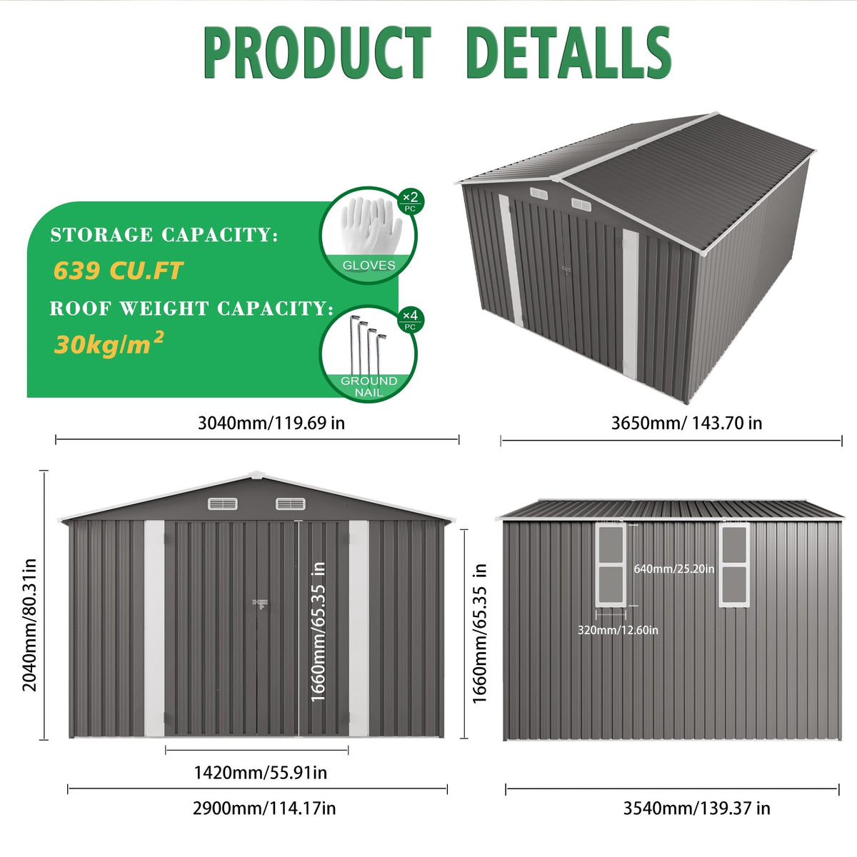 10x12 FT Grey Metal Storage Shed with Double Doors E841