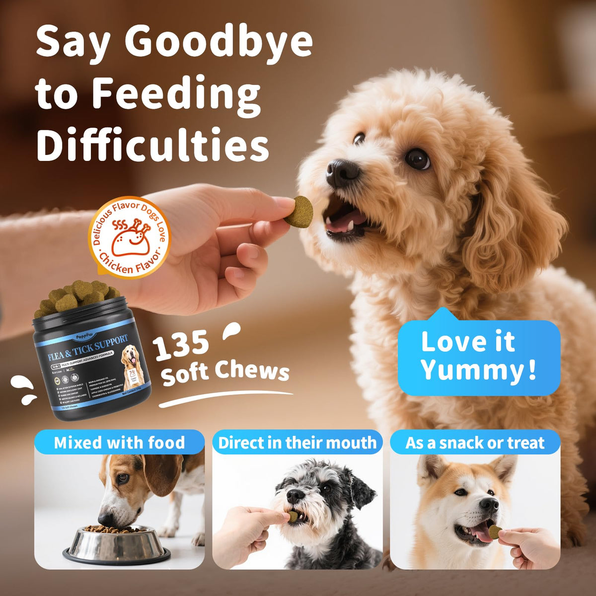 Chicken Flavor Flea and Tick Chewable Dog Supplement 135 Count O826
