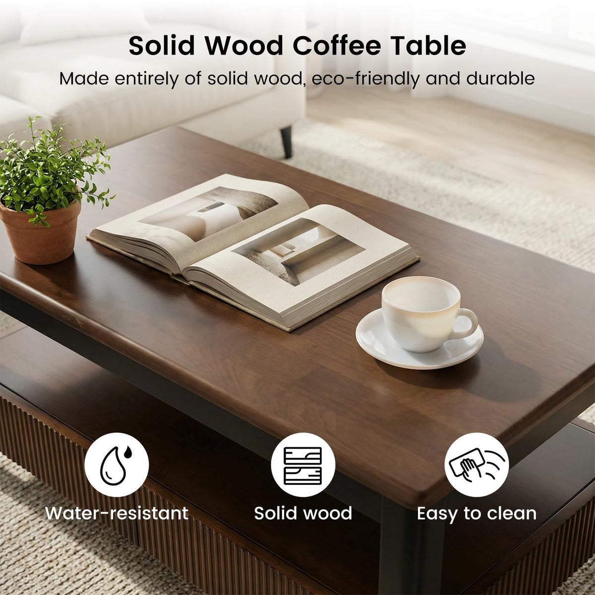 39.4" Walnut Solid Wood Fluted Coffee Table with 2 Drawers D49715