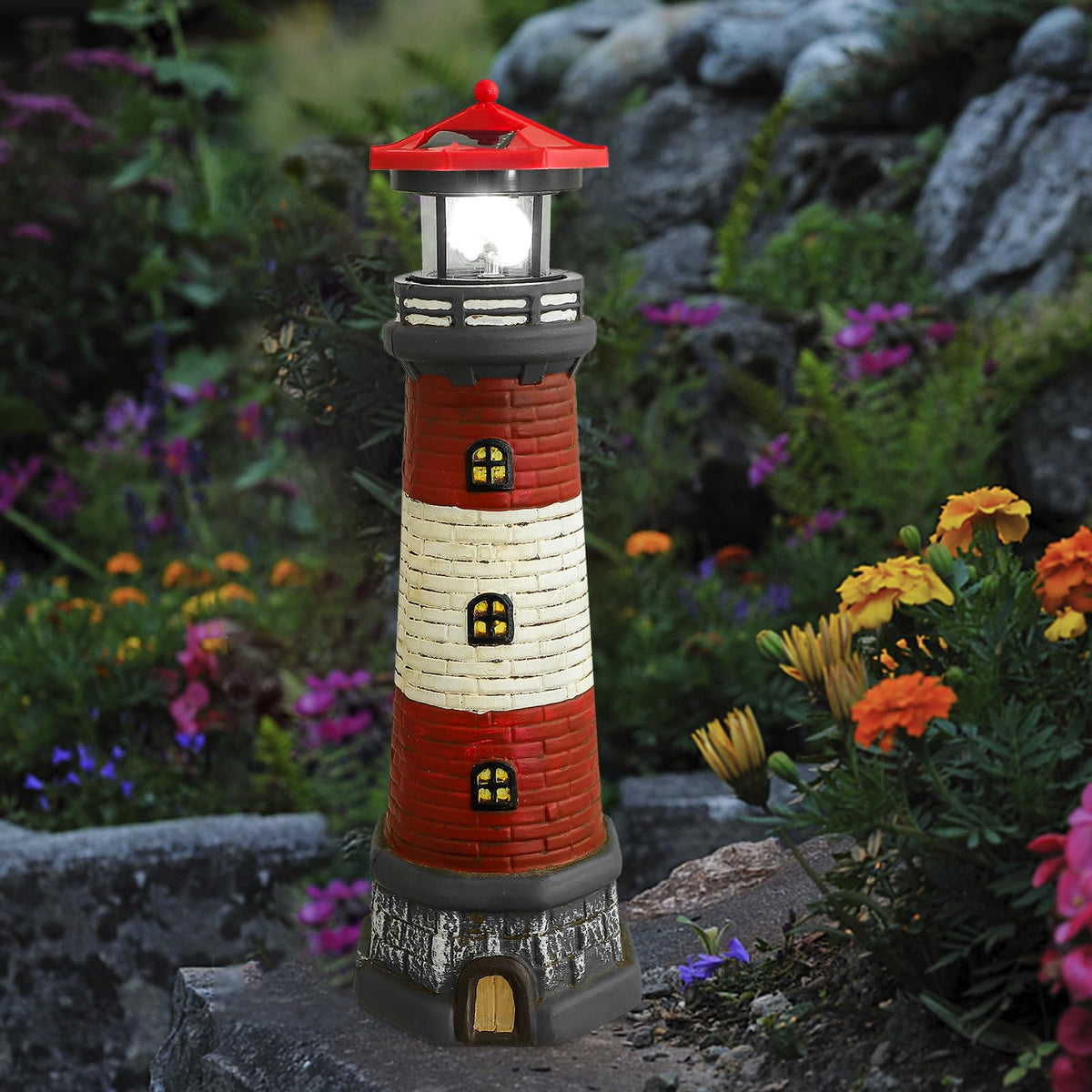 Solar Lighthouse Statue with LED Light 14.76 Inch Red L394