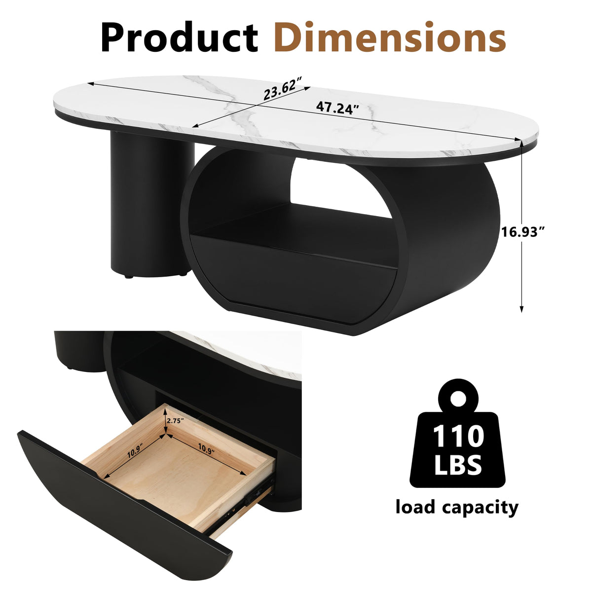 47'' Oval Coffee Table with Drawer, Marble-Grain MDF Top, Black Metal Base F39668