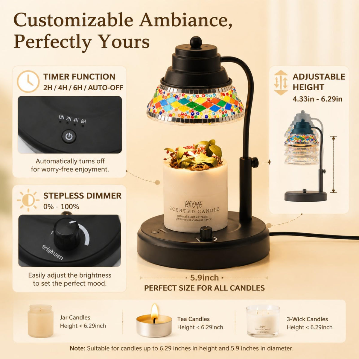 Black Candle Warmer Lamp with Timer & Dimmer U5564