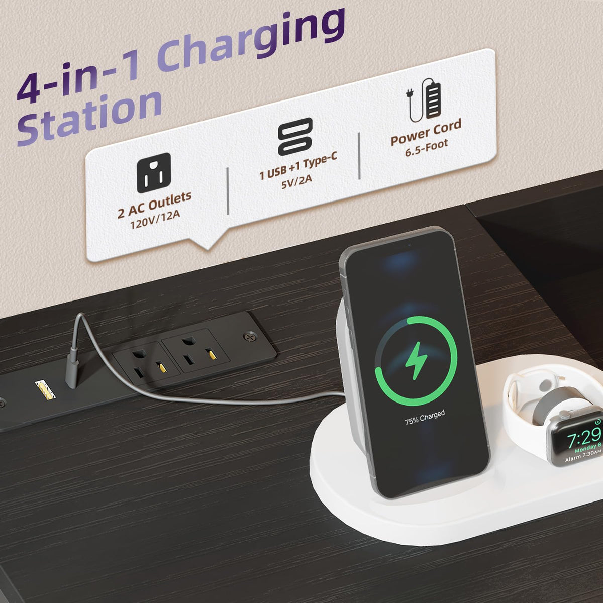 Wide 5 Drawer Nightstand with Charging Station & LED Light U591