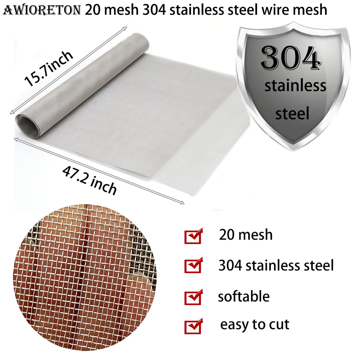 Stainless Steel Wire Mesh Screen 15.7 X 47 in 20 Mesh X293235