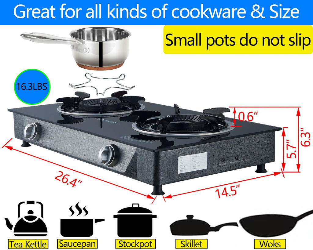 2 Burner Propane Gas Stove Auto Ignition 26000 BTU Tempered Glass G929