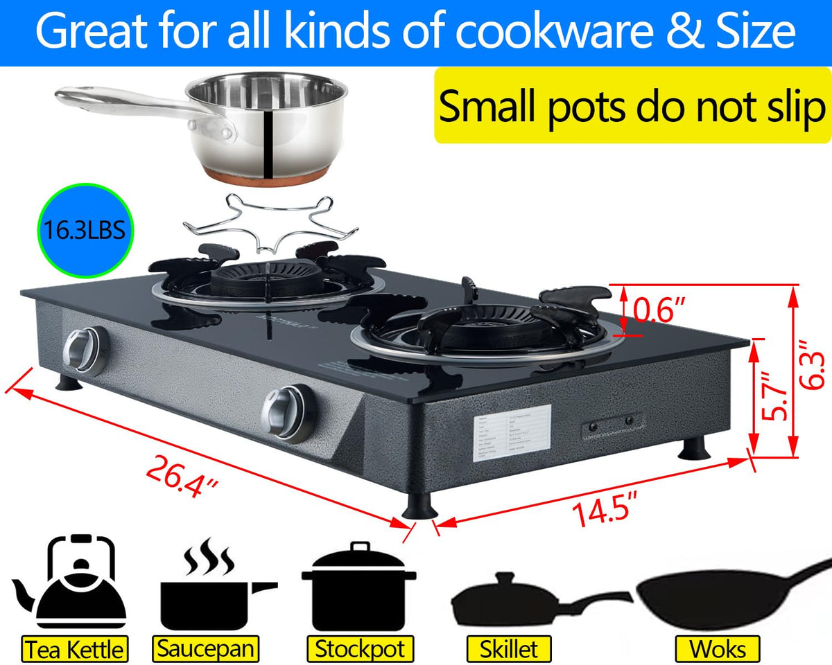 2 Burner Propane Gas Stove Auto Ignition 26000 BTU Tempered Glass G929