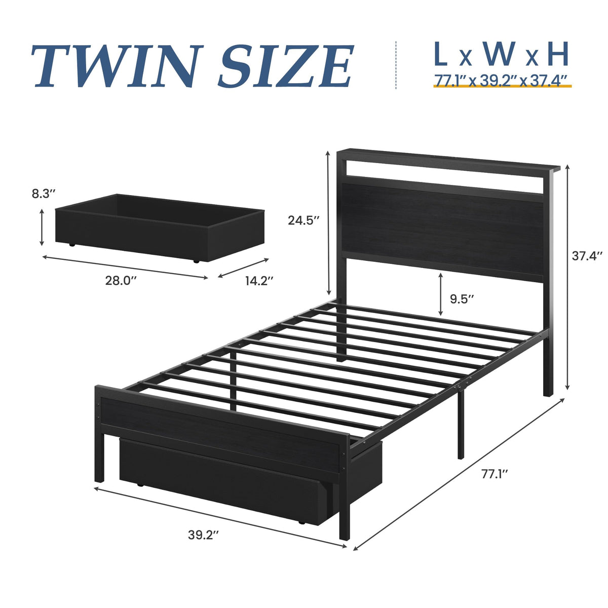 Twin Bed Frame with Storage Headboard & Drawer, Charging Station & LED Light, Black E5550