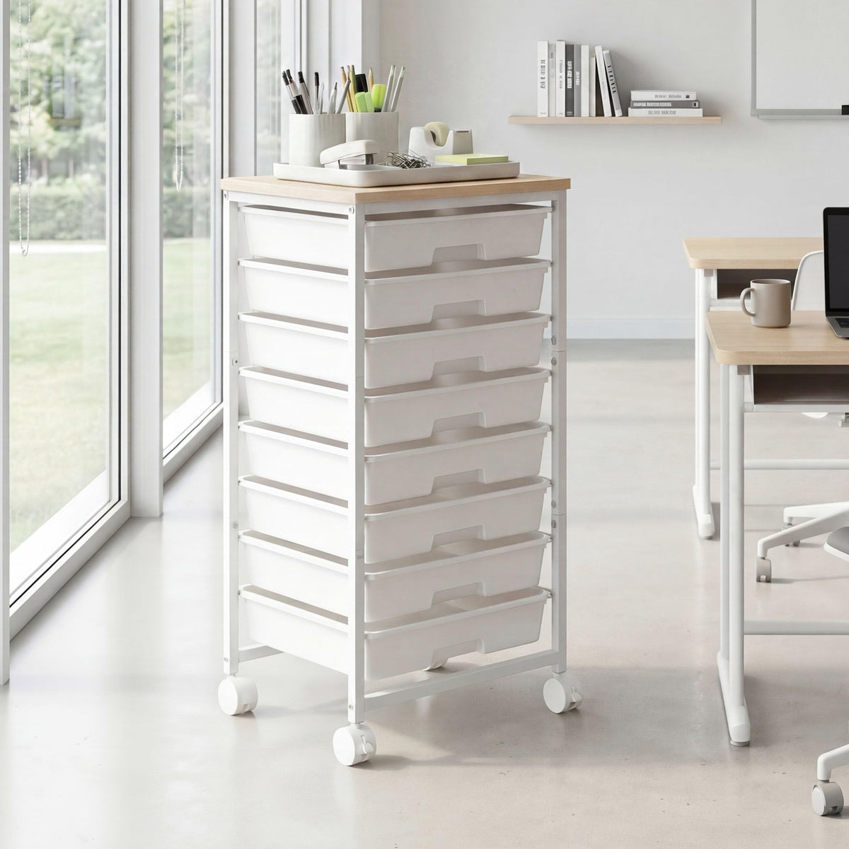 8 Drawer Rolling Storage Cart with Wooden Tabletop V863765