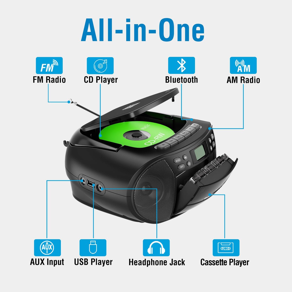 Portable CD Cassette Player Boombox with Bluetooth AM/FM Radio T477292