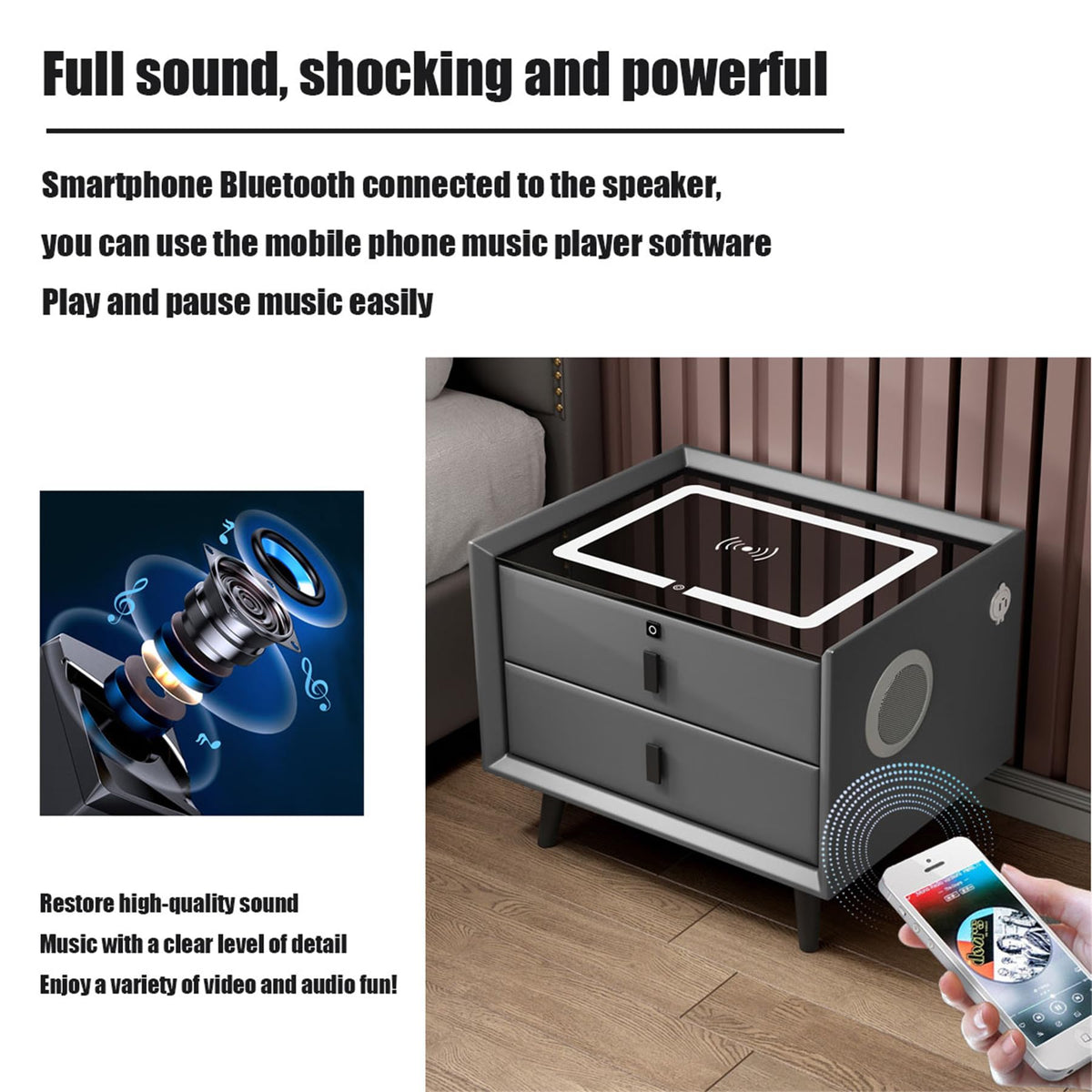 Wooden Nightstand with Wireless Charging Station, USB Port, LED Lights and Fingerprint Lock Drawers Y194587