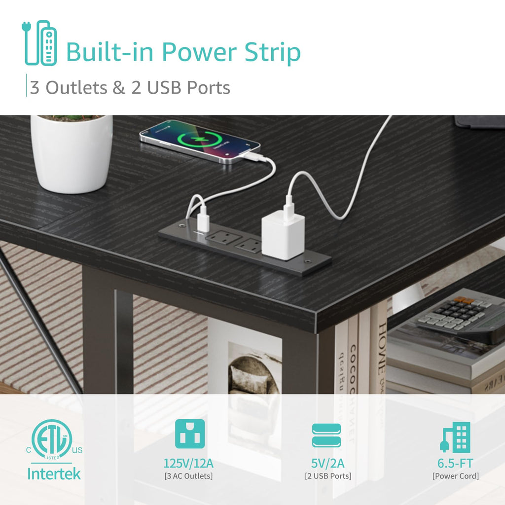 Black 40 Inch L Shaped Corner Computer Desk with Power Outlet Z79042