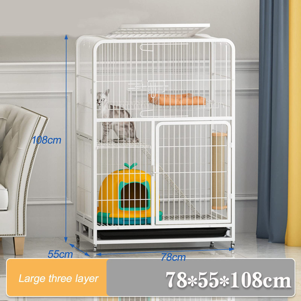 Large 3-Tier Metal Wire Cat Cage with Hammock and Casters H398057