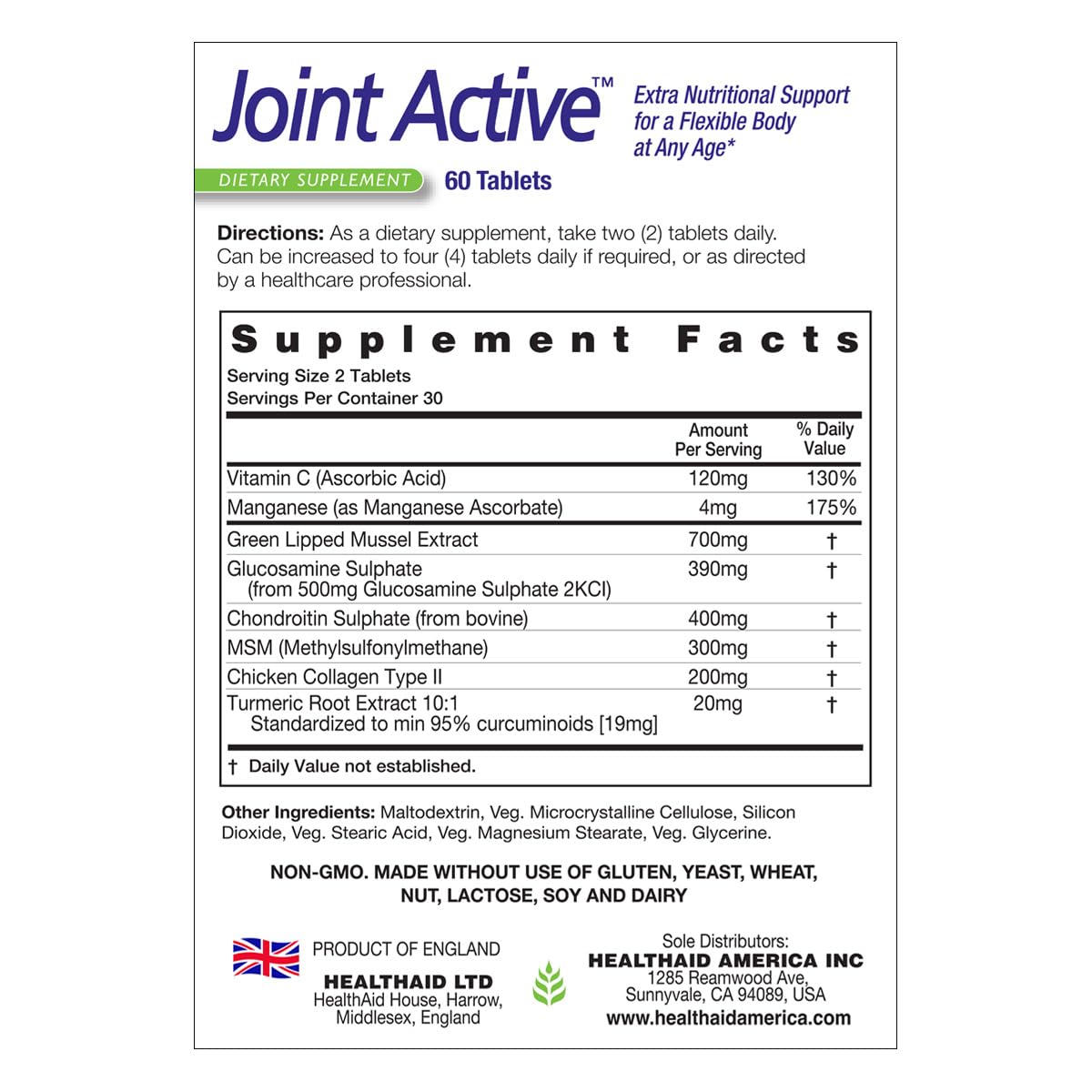 60 Tablets Joint Support with Green-Lipped Mussel Extract, Glucosamine, Chondroitin, Turmeric, MSM and Collagen C91450