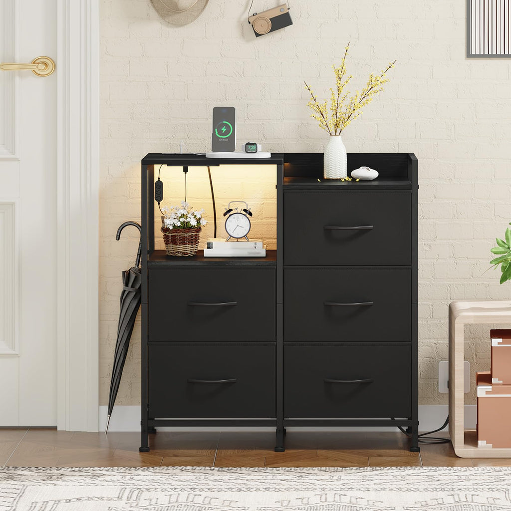 Wide 5 Drawer Nightstand with Charging Station & LED Light U591