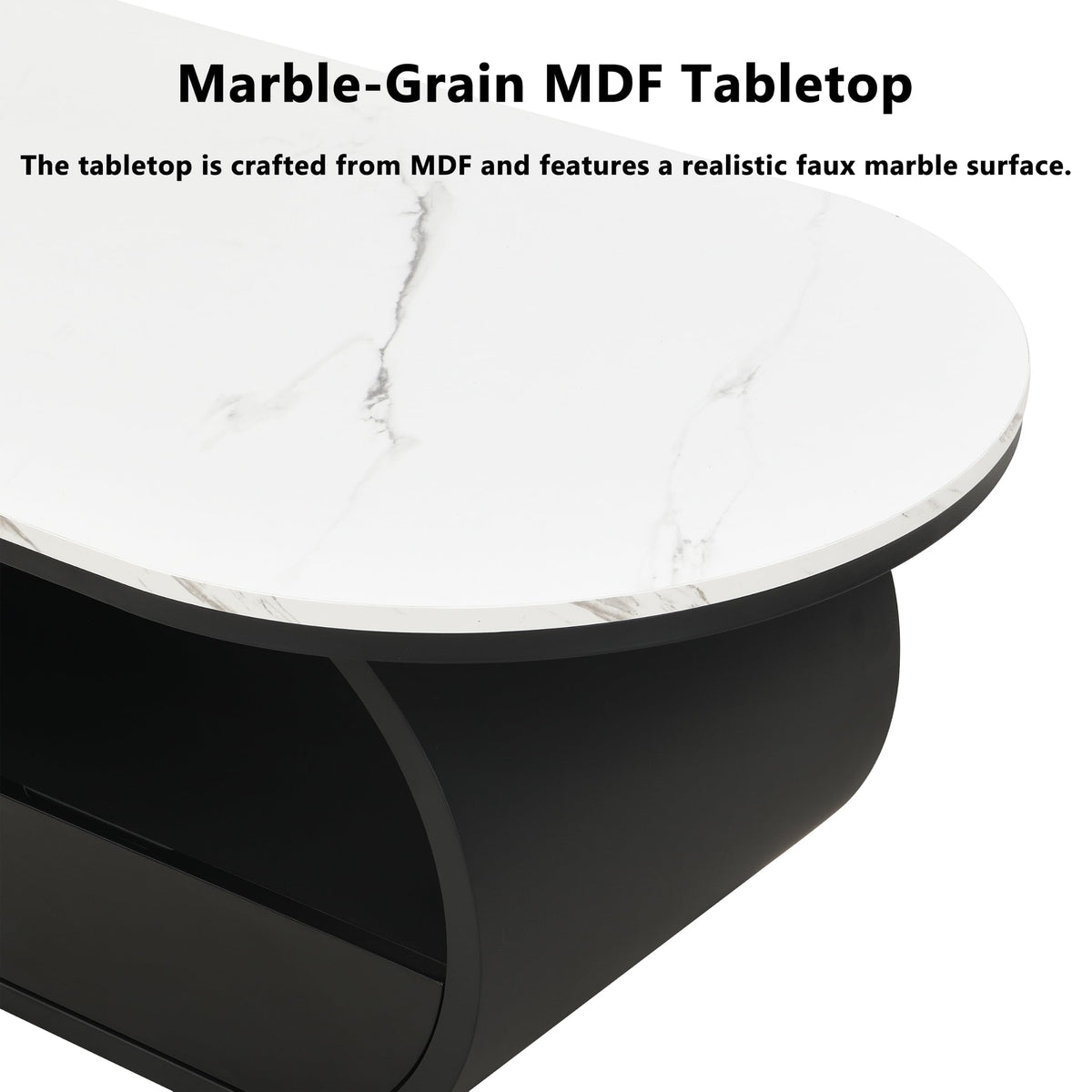 47'' Oval Coffee Table with Drawer, Marble-Grain MDF Top, Black Metal Base F39668