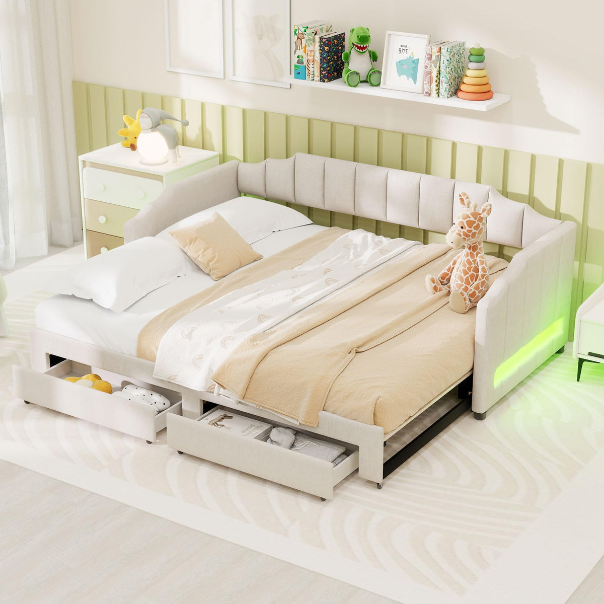 Linen Upholstered Daybed with Trundle and 2 Storage Drawers U932231