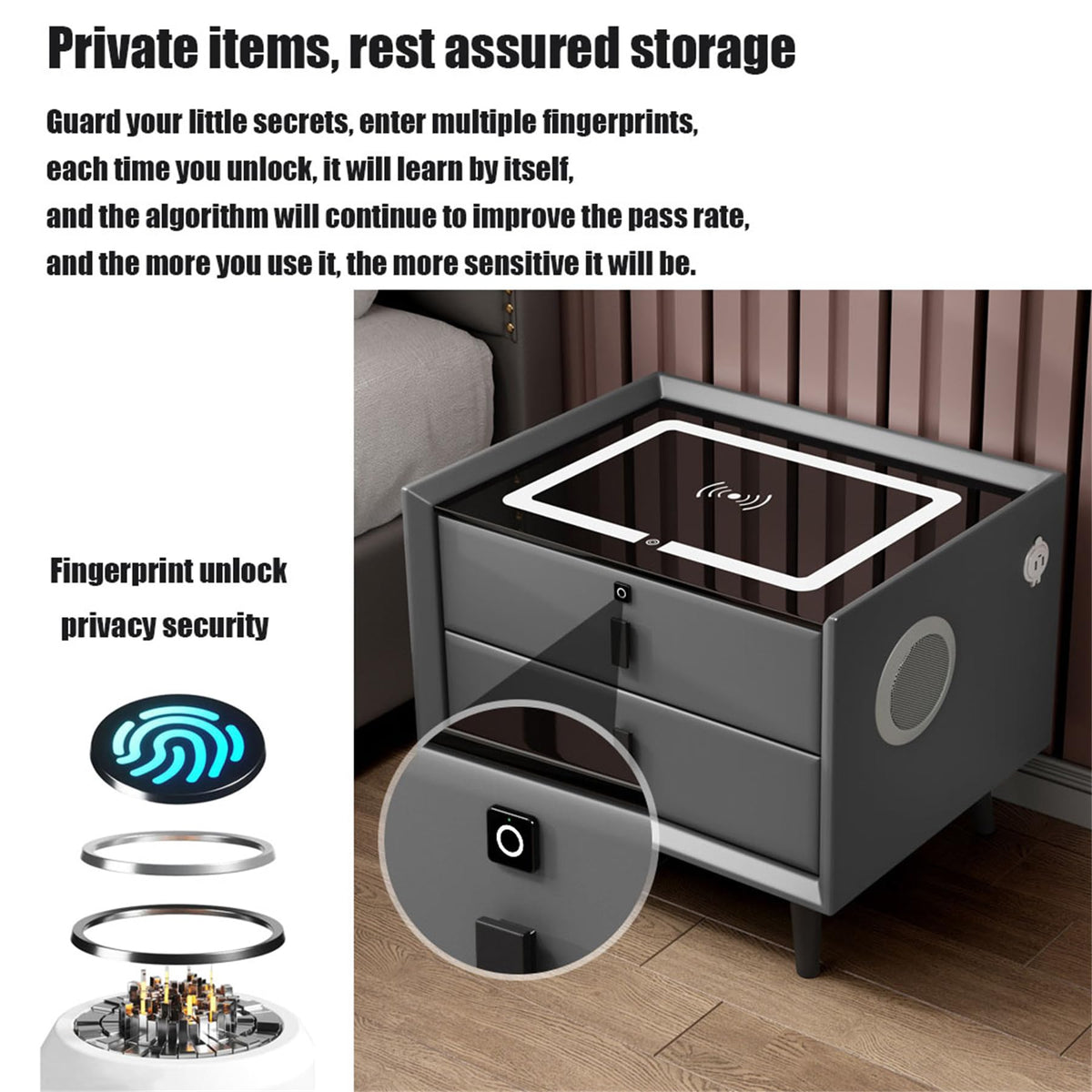 Wooden Nightstand with Wireless Charging Station, USB Port, LED Lights and Fingerprint Lock Drawers Y194587