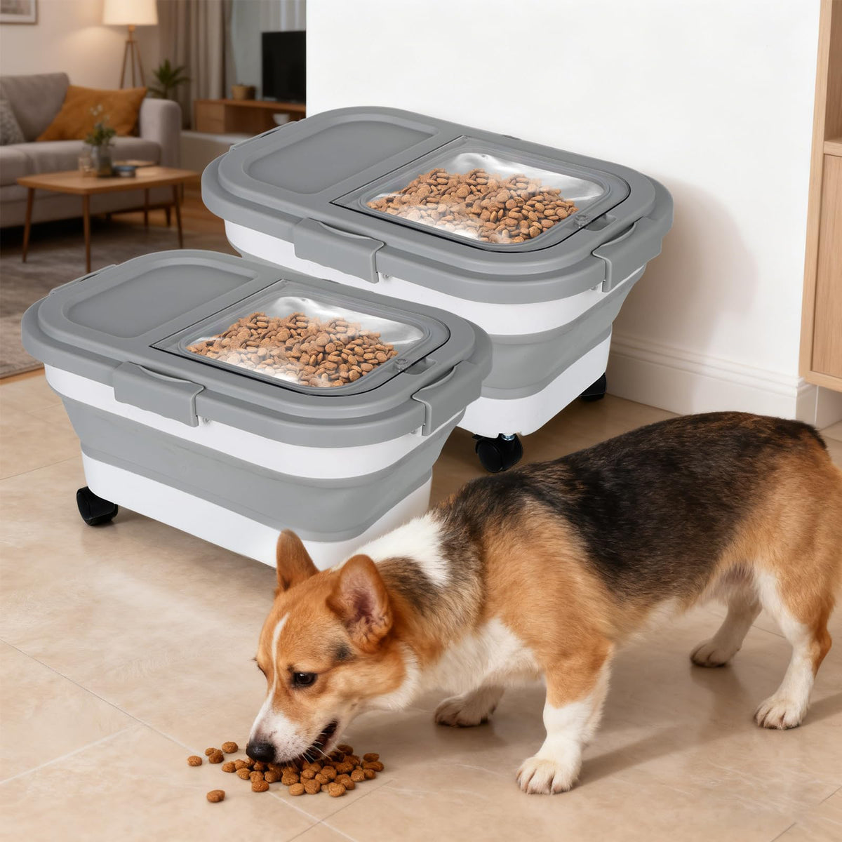 2 Pack 15Lbs Collapsible Airtight Pet Food Storage Container with Scoops S2515