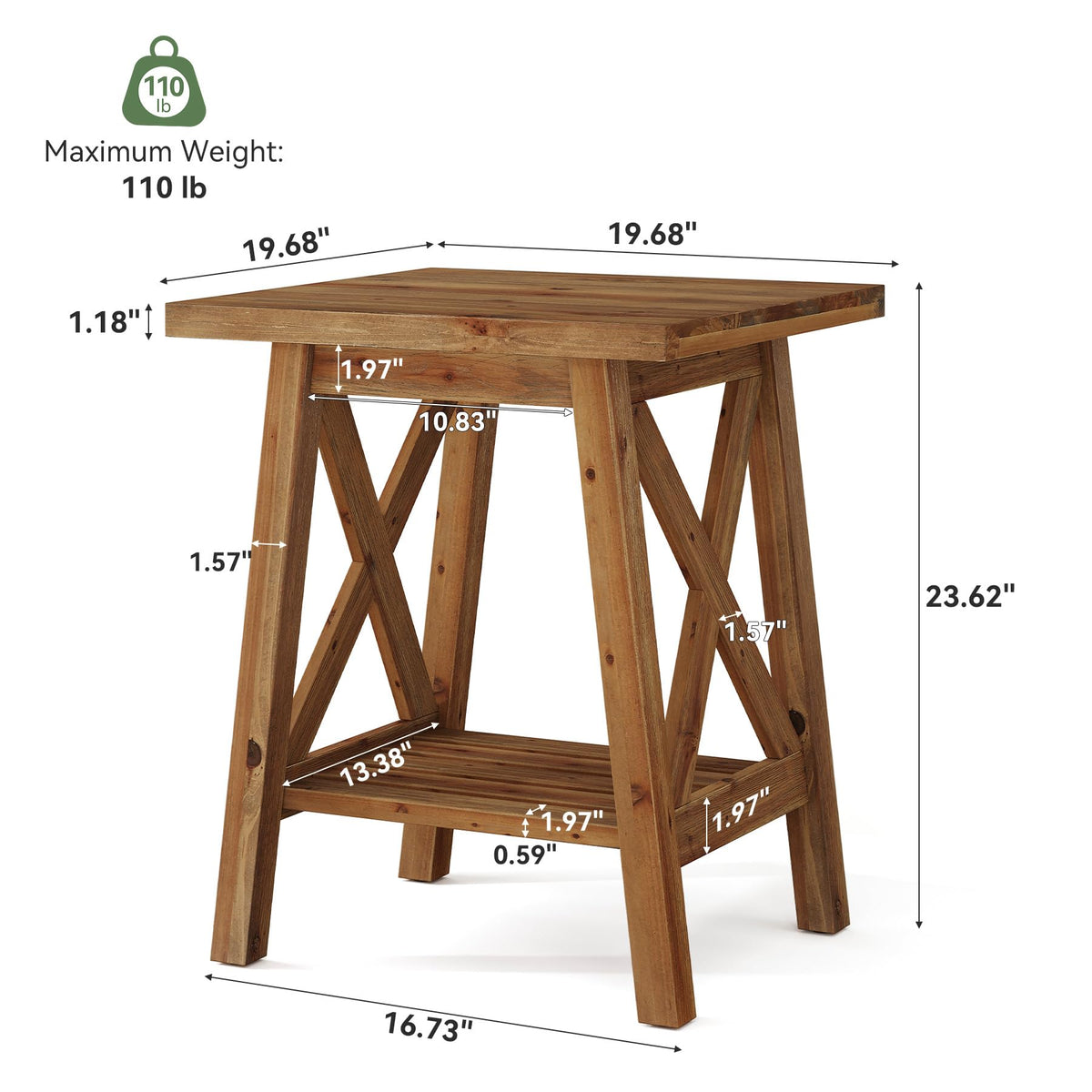 Solid Wood End Table Set of 2, Square Side Table with Storage, 2-Tier Nightstand, Brown S37264