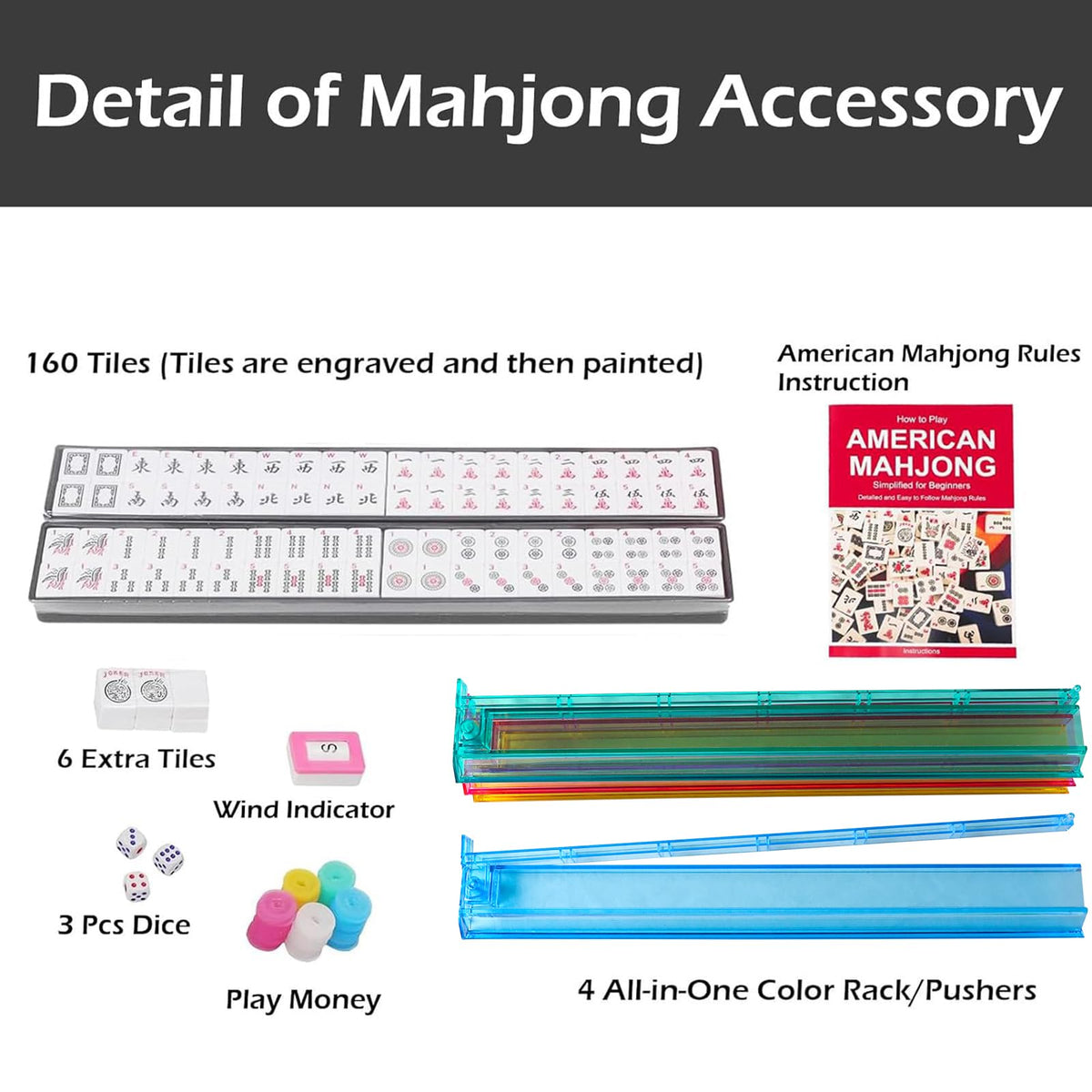American Mahjong Game Set, 166 White Tiles, 4 Color Rack/Pushers, Blue Carrying Bag Z7704