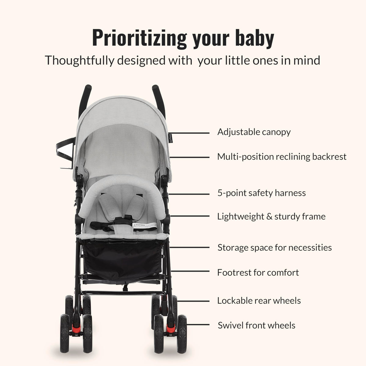 Light Gray Lightweight Baby Stroller with Compact Fold and Canopy H8798