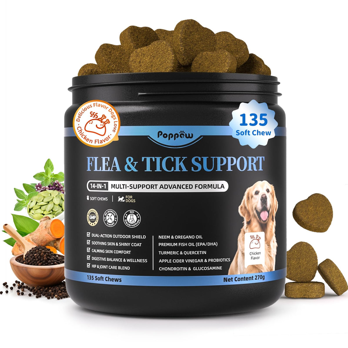 Chicken Flavor Flea and Tick Chewable Dog Supplement 135 Count O826
