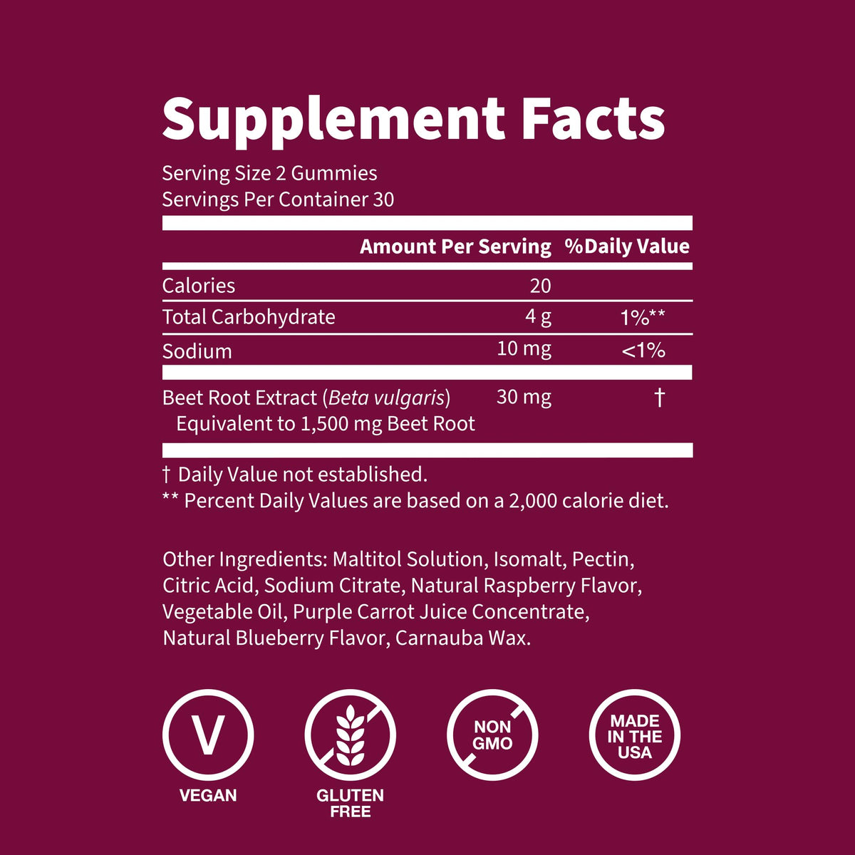 Sugar Free 1500 mg Blueberry Flavor Beet Root Gummies 60 Ct L4925