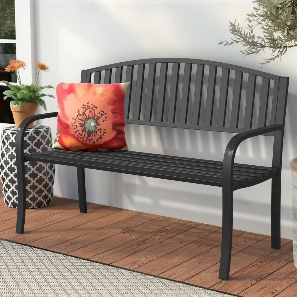 50" Iron Metal Outdoor Bench with Backrest and Armrests P130743