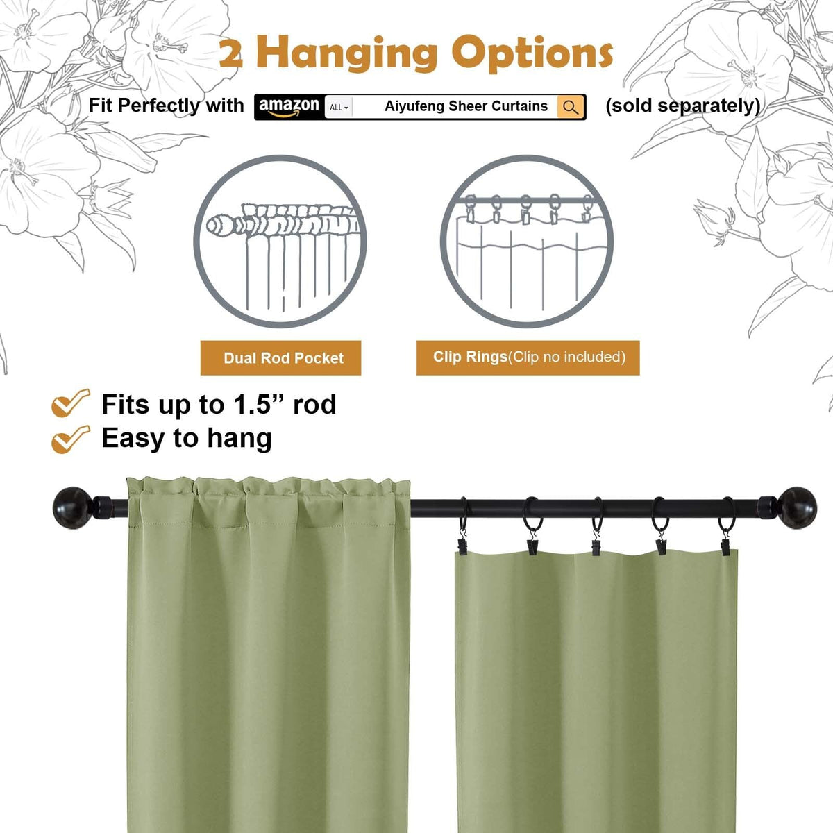 Sage Green 72 Inch Blackout Curtains 2 Panels Set R974561