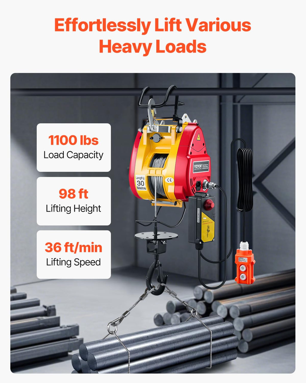 1100 lbs 1800W Portable Electric Hoist Winch with Wireless Remote Control L843309