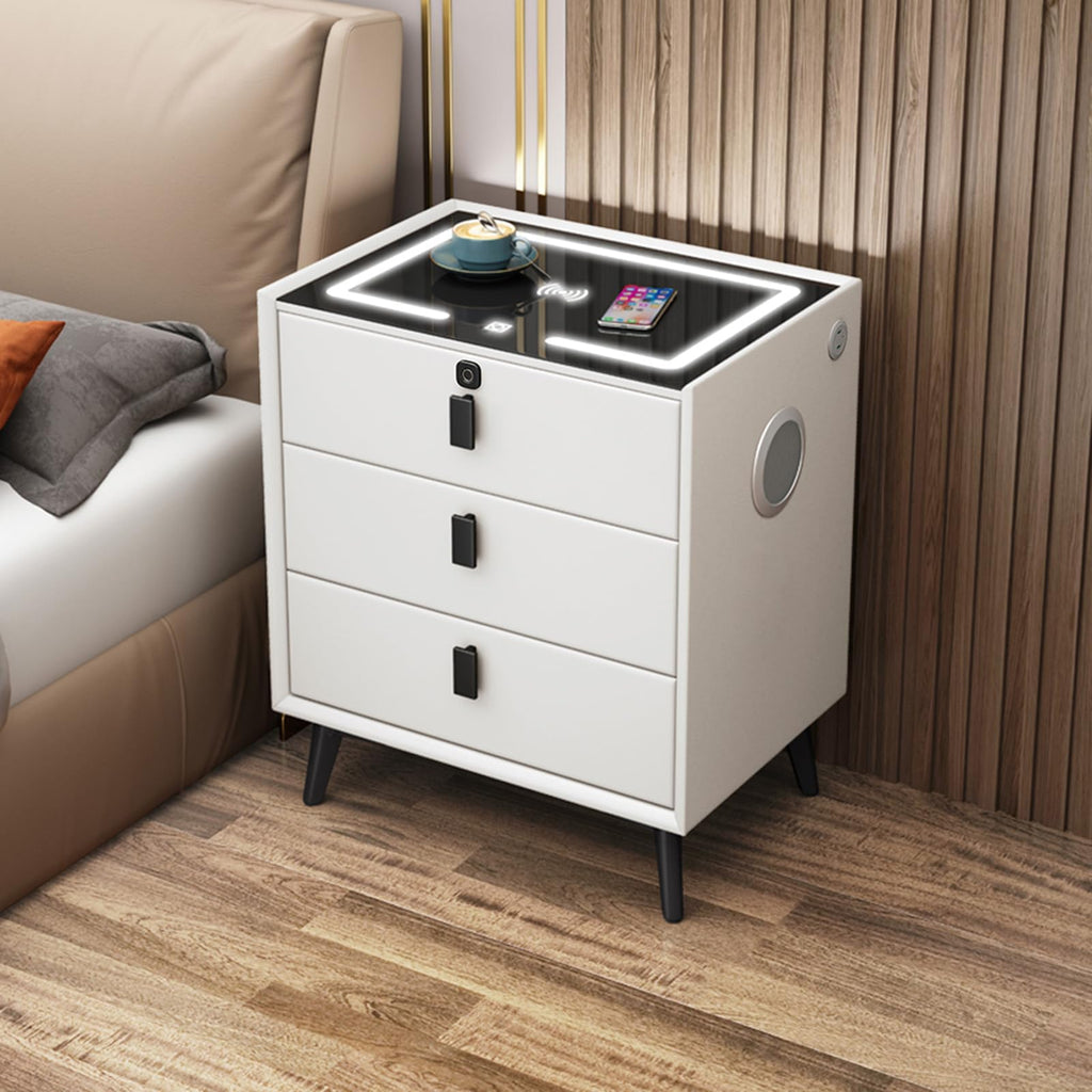 Wooden Nightstand with Wireless Charging Station, USB Port, LED Lights and Fingerprint Lock Drawers Y194587