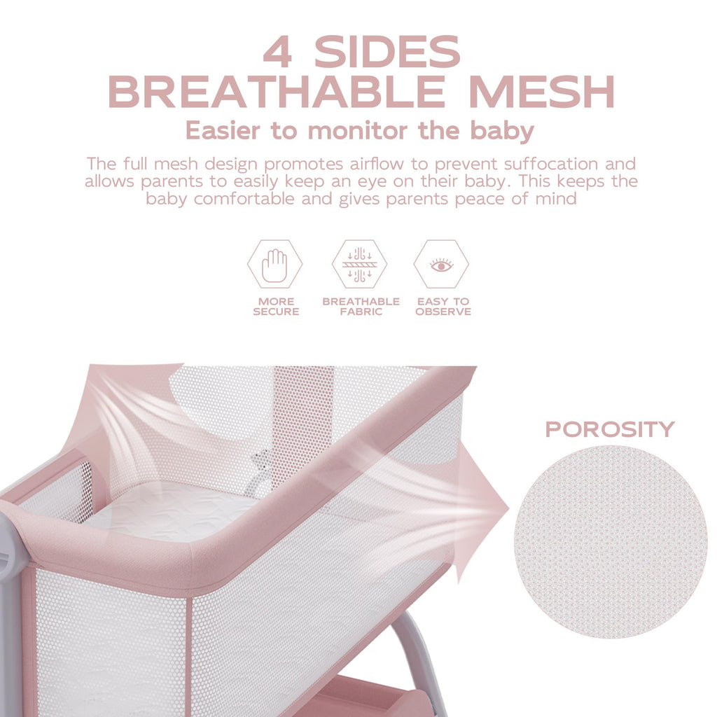 Baby Bassinet Bedside Crib with Mattress & Sheet, 4-Sided Mesh, Pink T58859