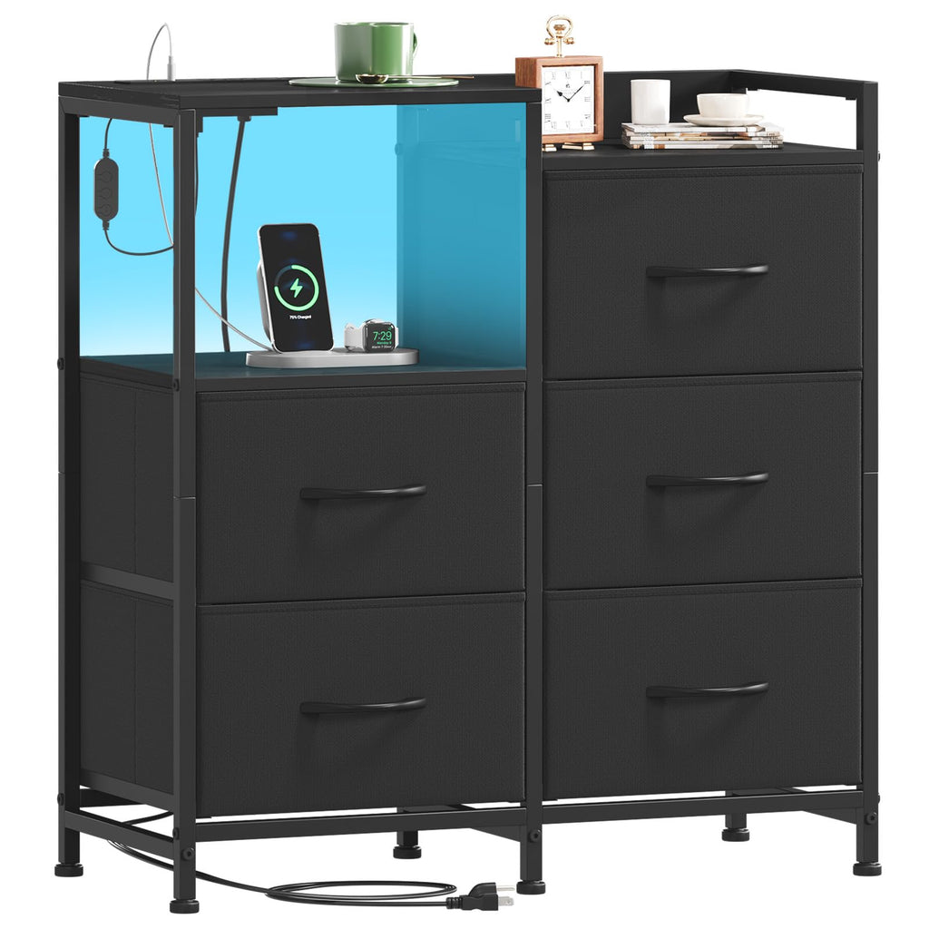 Wide 5 Drawer Nightstand with Charging Station & LED Light U591