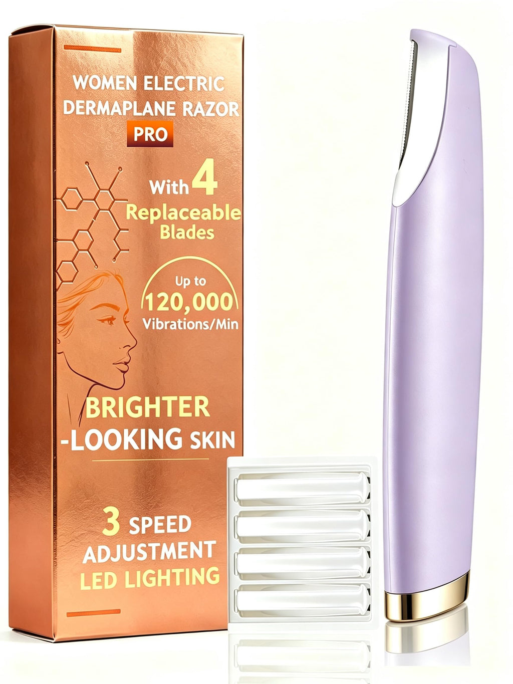 Sonic Facial Hair Remover with LED Light, 4 Replacement Blades D973719