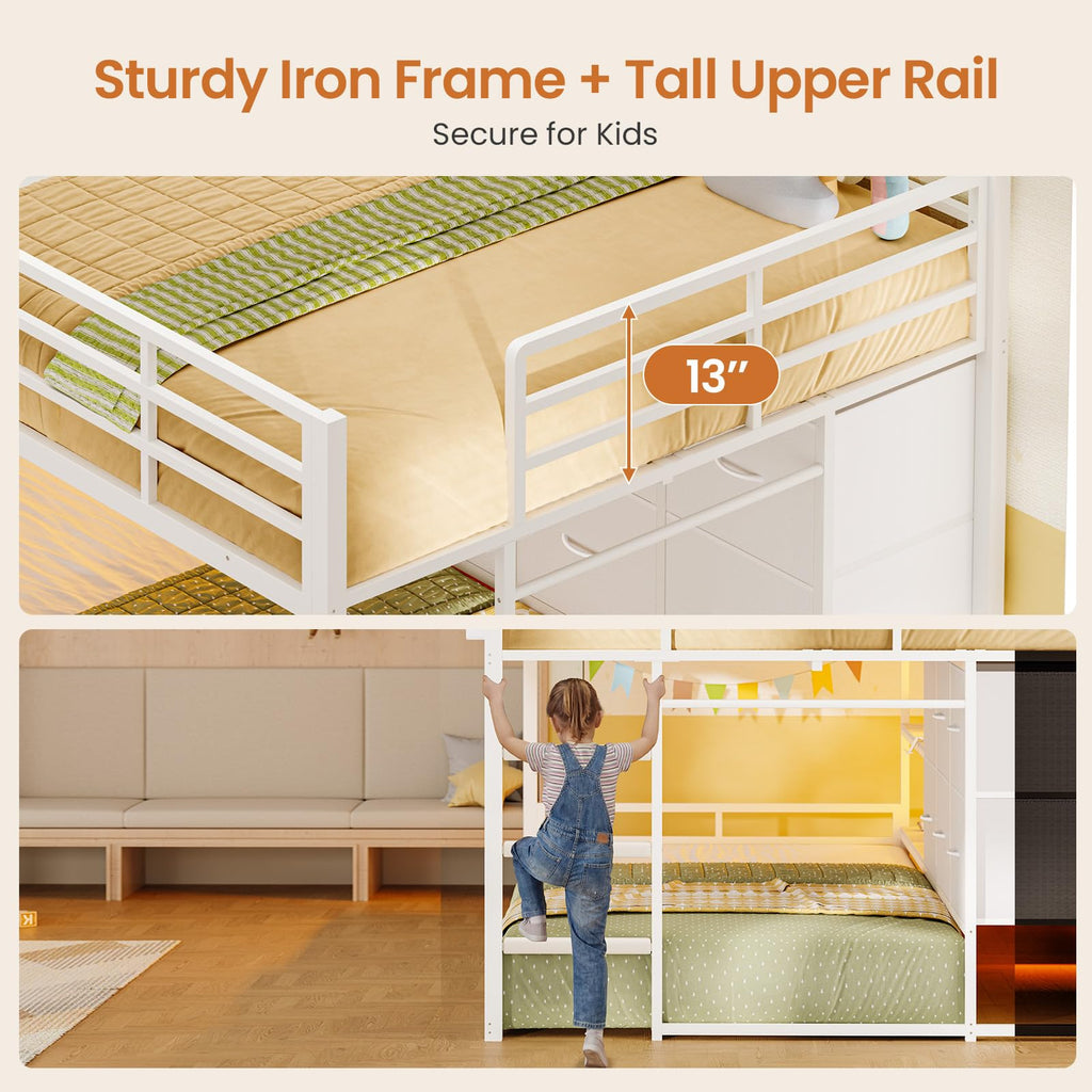 White Full Over Twin Bunk Bed with 6 Drawers and LED Lights V534336