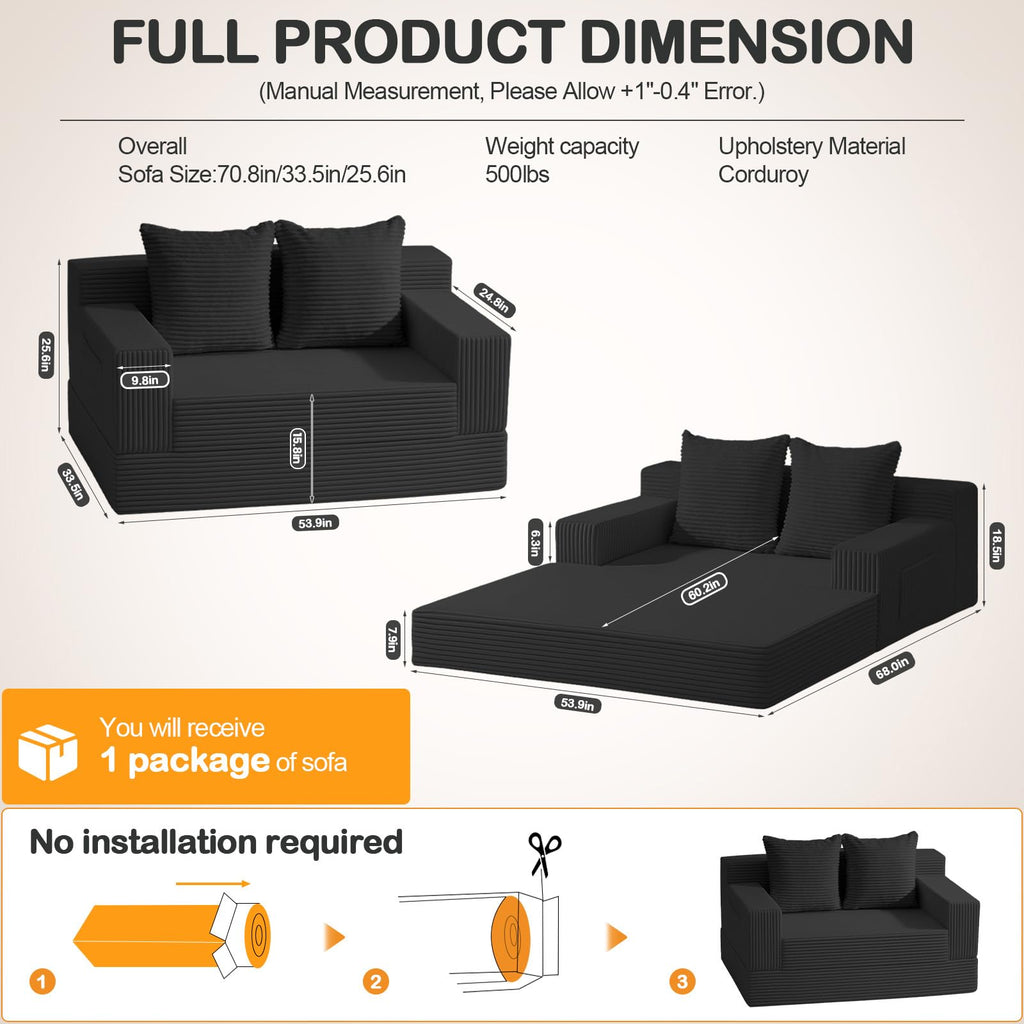 Convertible Folding Floor Futon Sleeper Sofa Bed with 2 Pillows P119