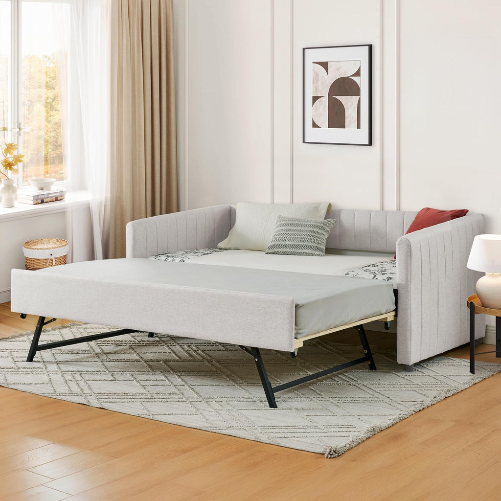 Beige Linen Twin Size Daybed with Pop Up Trundle R721077