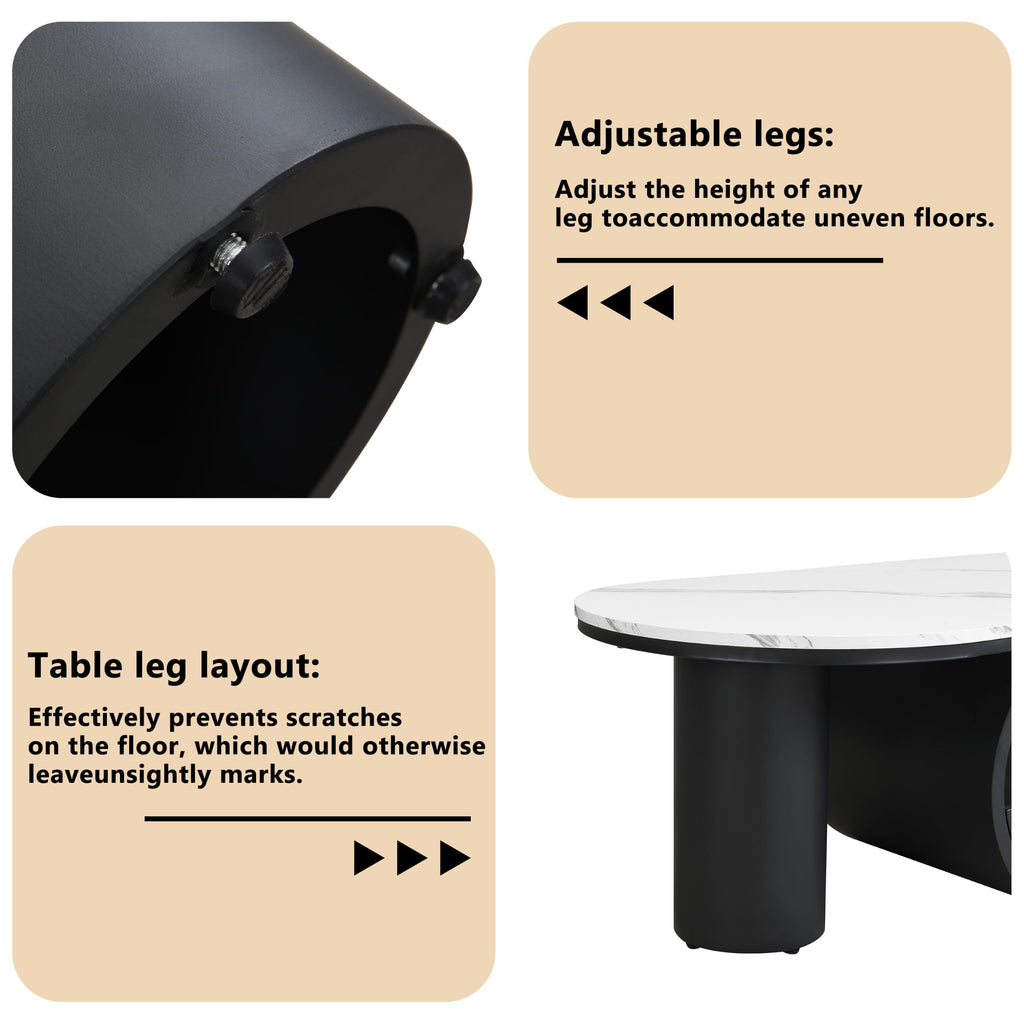 47'' Oval Coffee Table with Drawer, Marble-Grain MDF Top, Black Metal Base F39668
