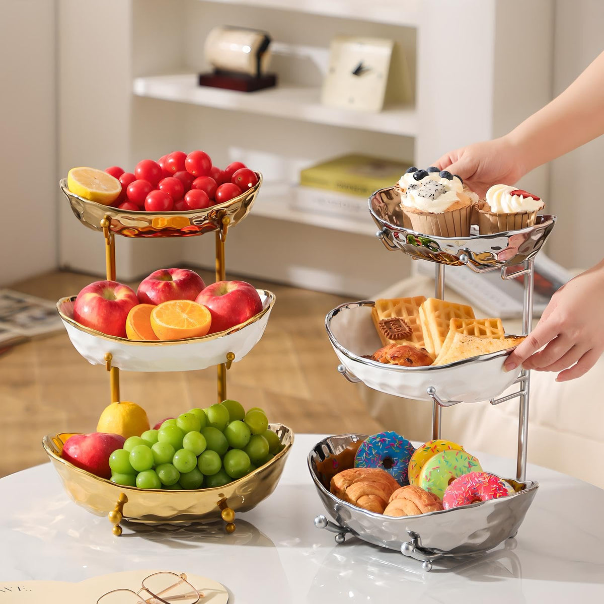 3 Tier Ceramic Fruit Bowl with Metal Stand R727