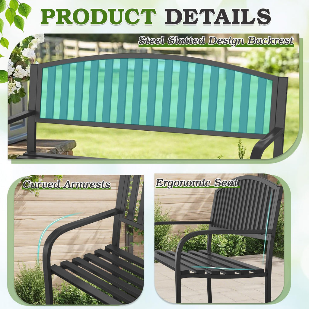 50" Iron Metal Outdoor Bench with Backrest and Armrests P130743