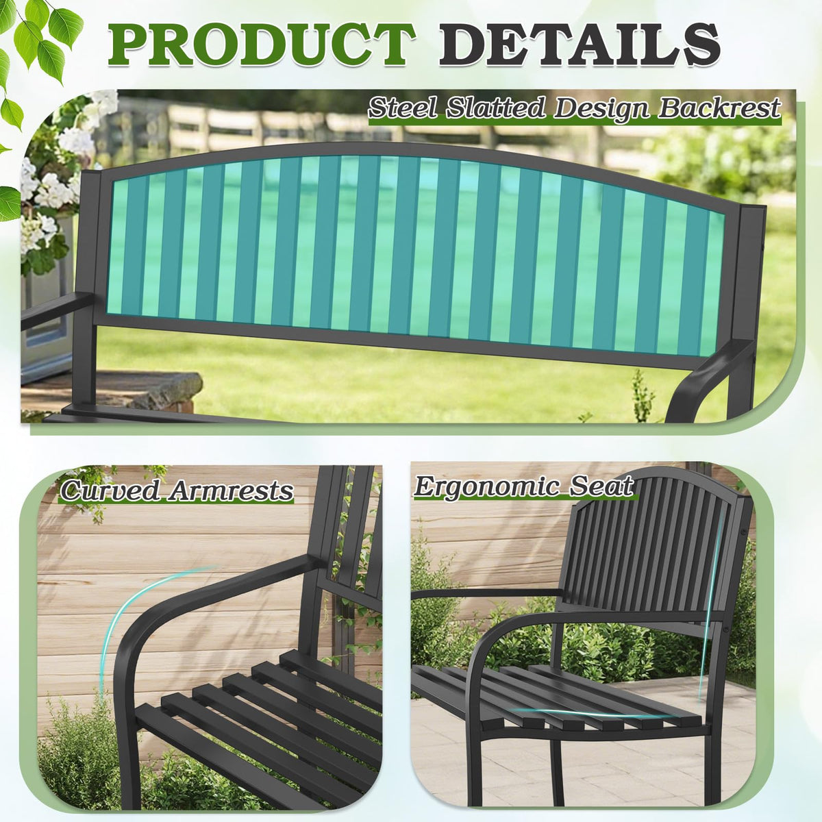 50" Iron Metal Outdoor Bench with Backrest and Armrests P130743