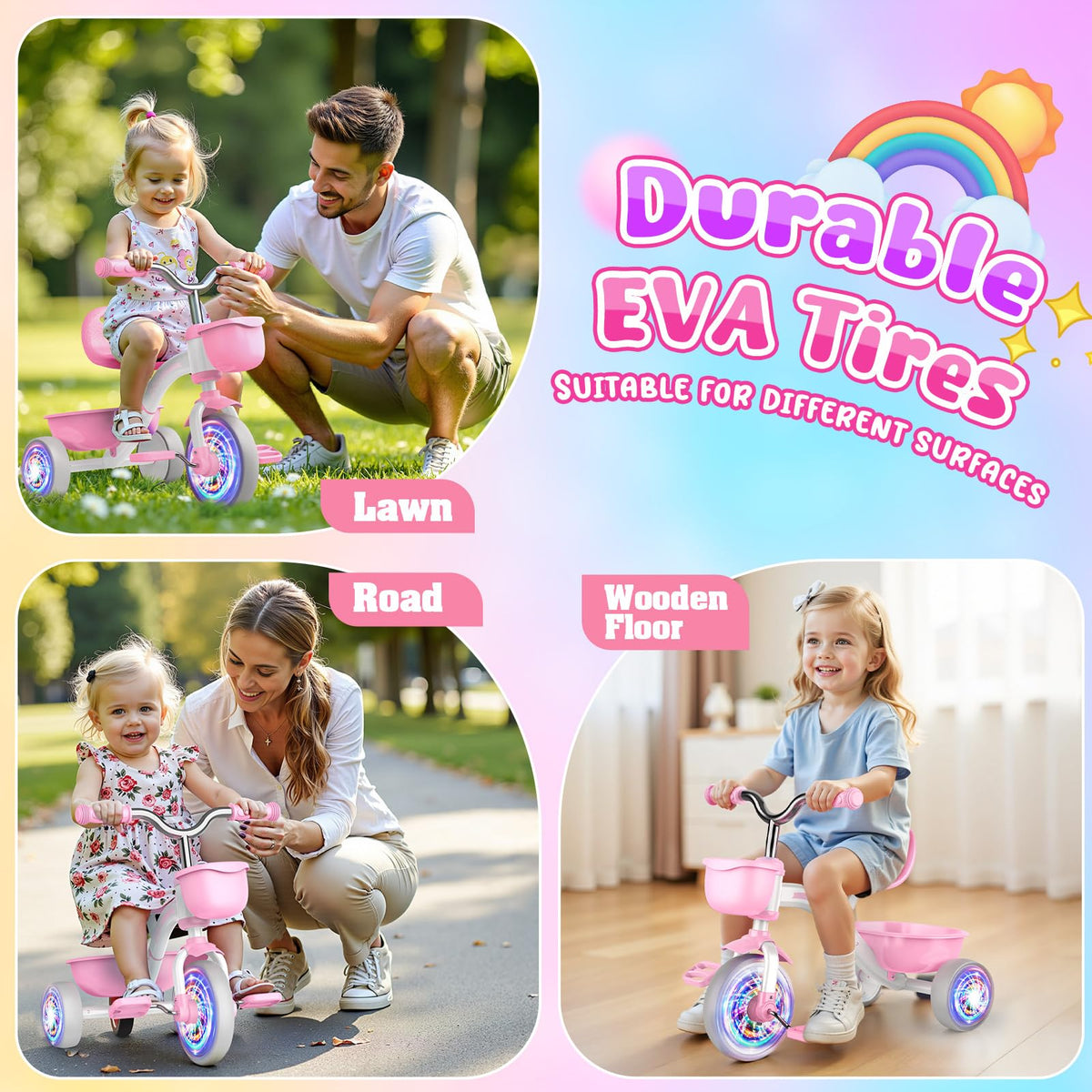 Pink Toddler Tricycle with Adjustable Seat and Light Wheels D39051