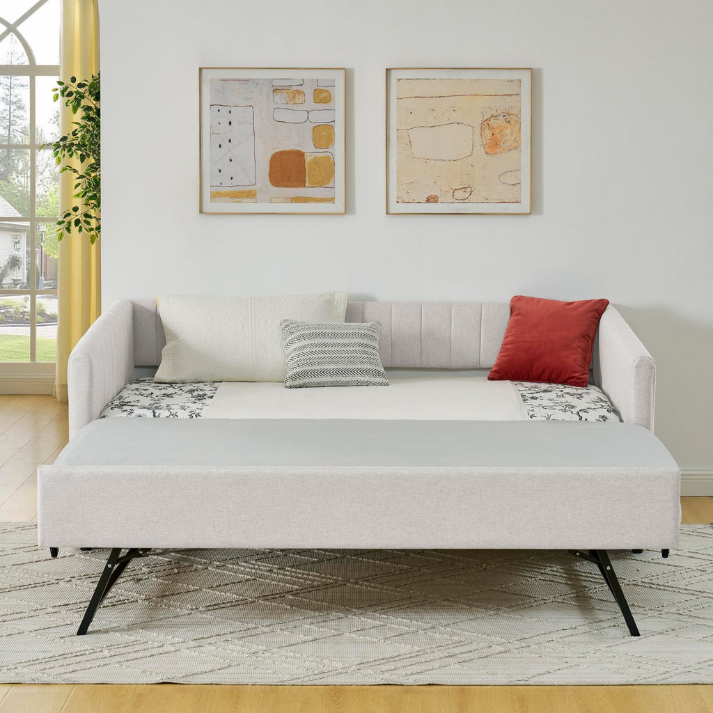 Beige Linen Twin Size Daybed with Pop Up Trundle R721077