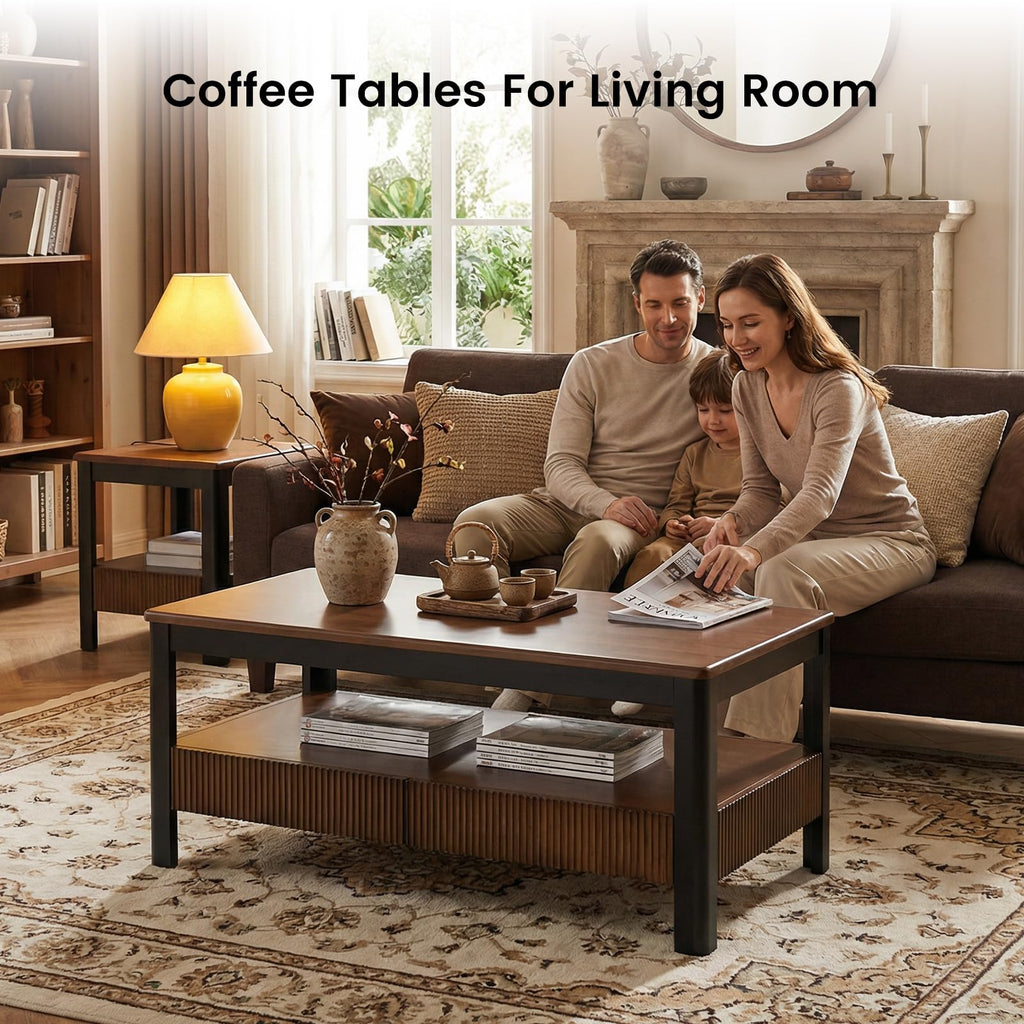 39.4" Walnut Solid Wood Fluted Coffee Table with 2 Drawers D49715