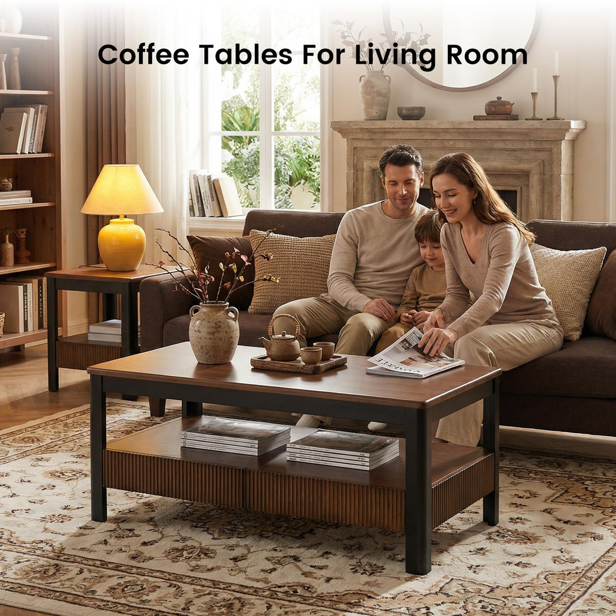 39.4" Walnut Solid Wood Fluted Coffee Table with 2 Drawers D49715