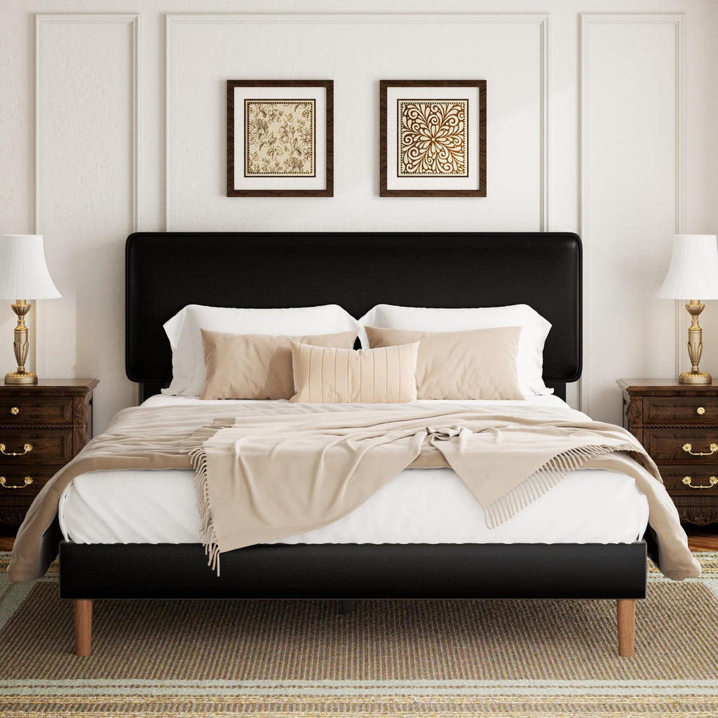 Black Full Size Upholstered Platform Bed Frame with Adjustable Headboard W1381